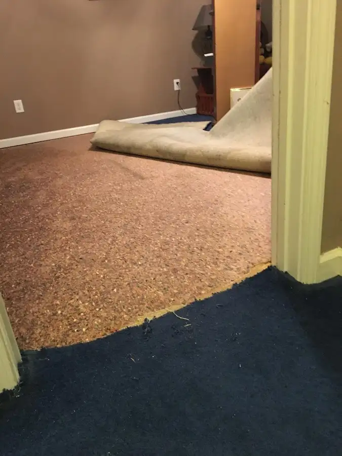 Carpet pad removal revealing water damage during Drying & Dehumidification in West Orange